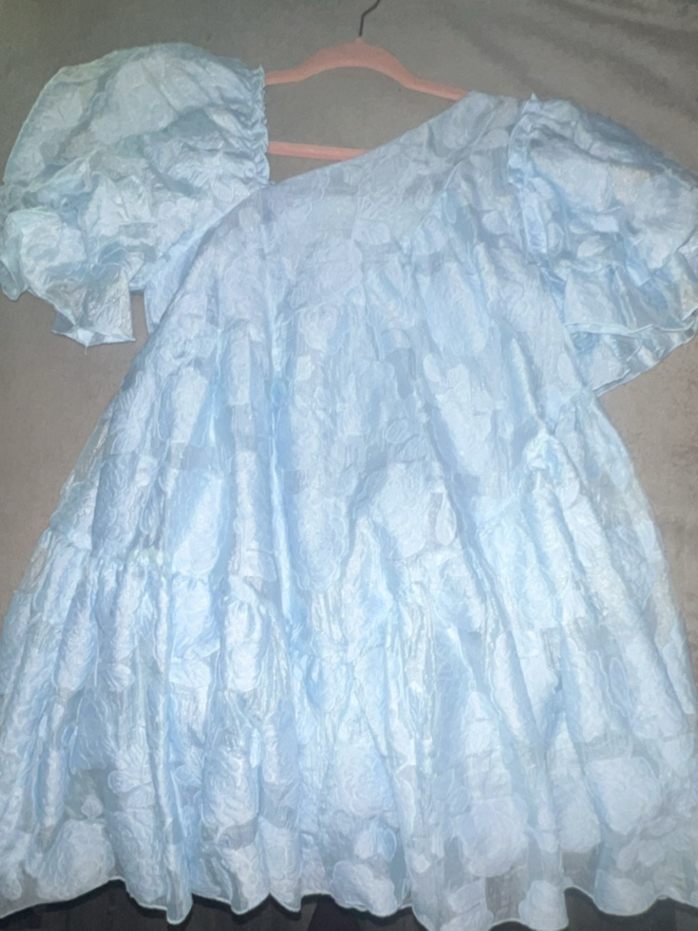 Light Blue Puff Sleeve Lace Floral Babydoll Dress